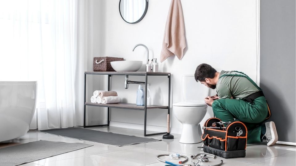 Bathroom fitter installing a ceramic toilet in a bathroom