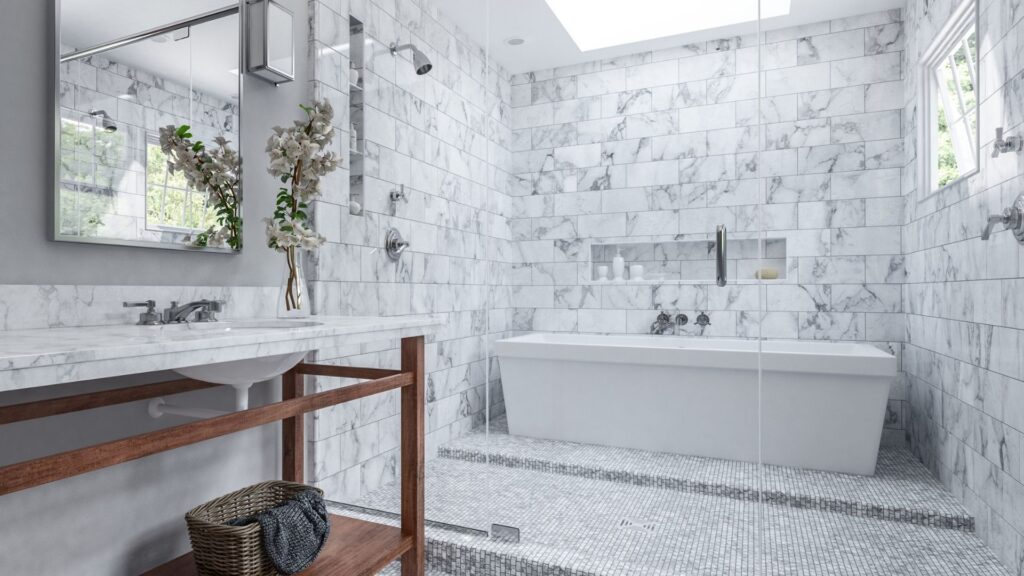Bathroom with wet room section separated with glass panel