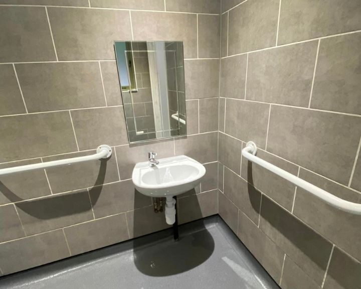 A small disabled bathroom with gray tiles featuring a wall-mounted sink, a mirror, and safety grab bars.