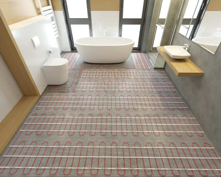 Modern bathroom design with underfloor heating system installation.